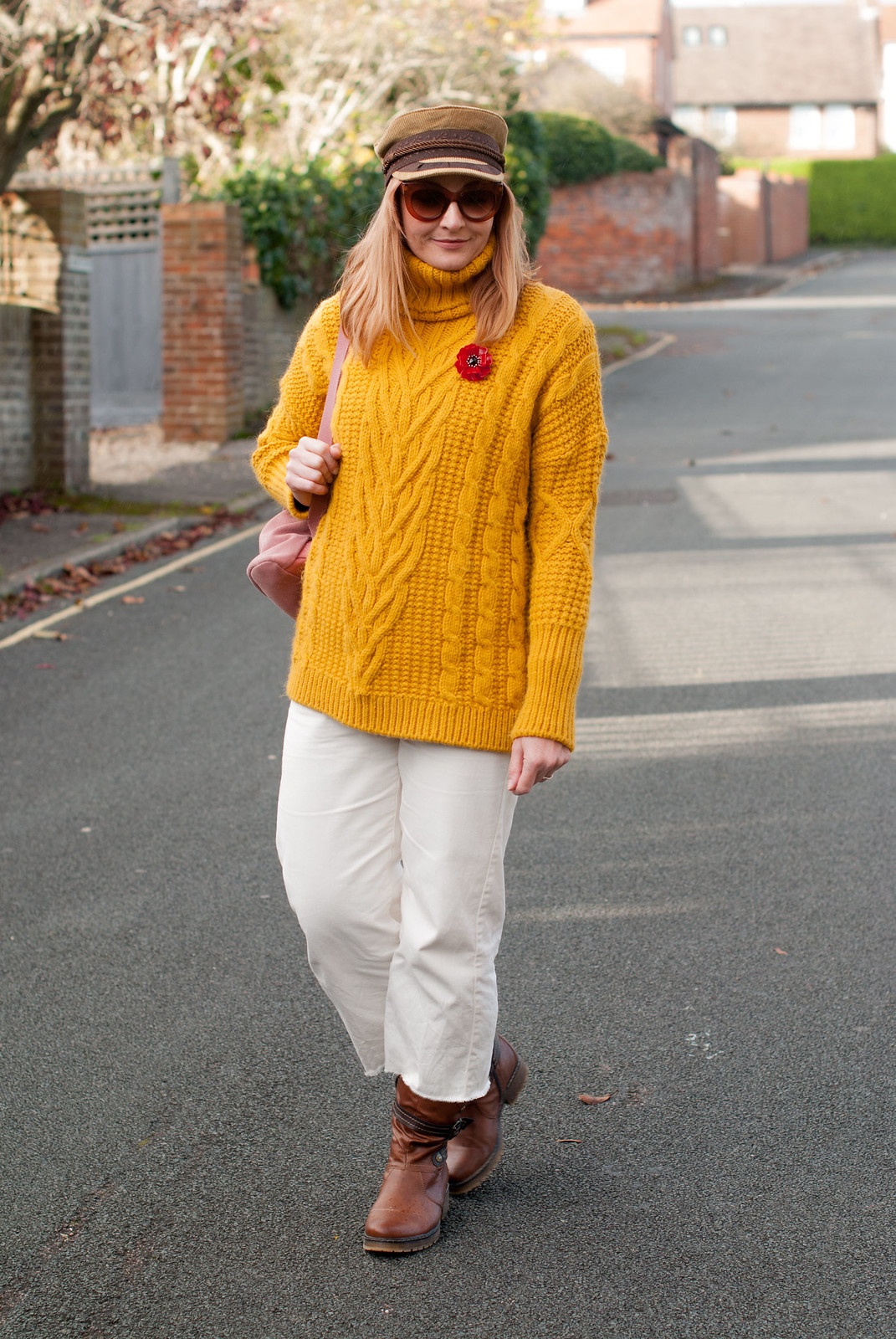Autumn winter fall style - casual fall dressing - Mustard M&S cable knit oversized roll neck sweater white cropped wide leg jeans tan boots camel baker boy hat pink suede backpack | Not Dressed As Lamb, over 40 style