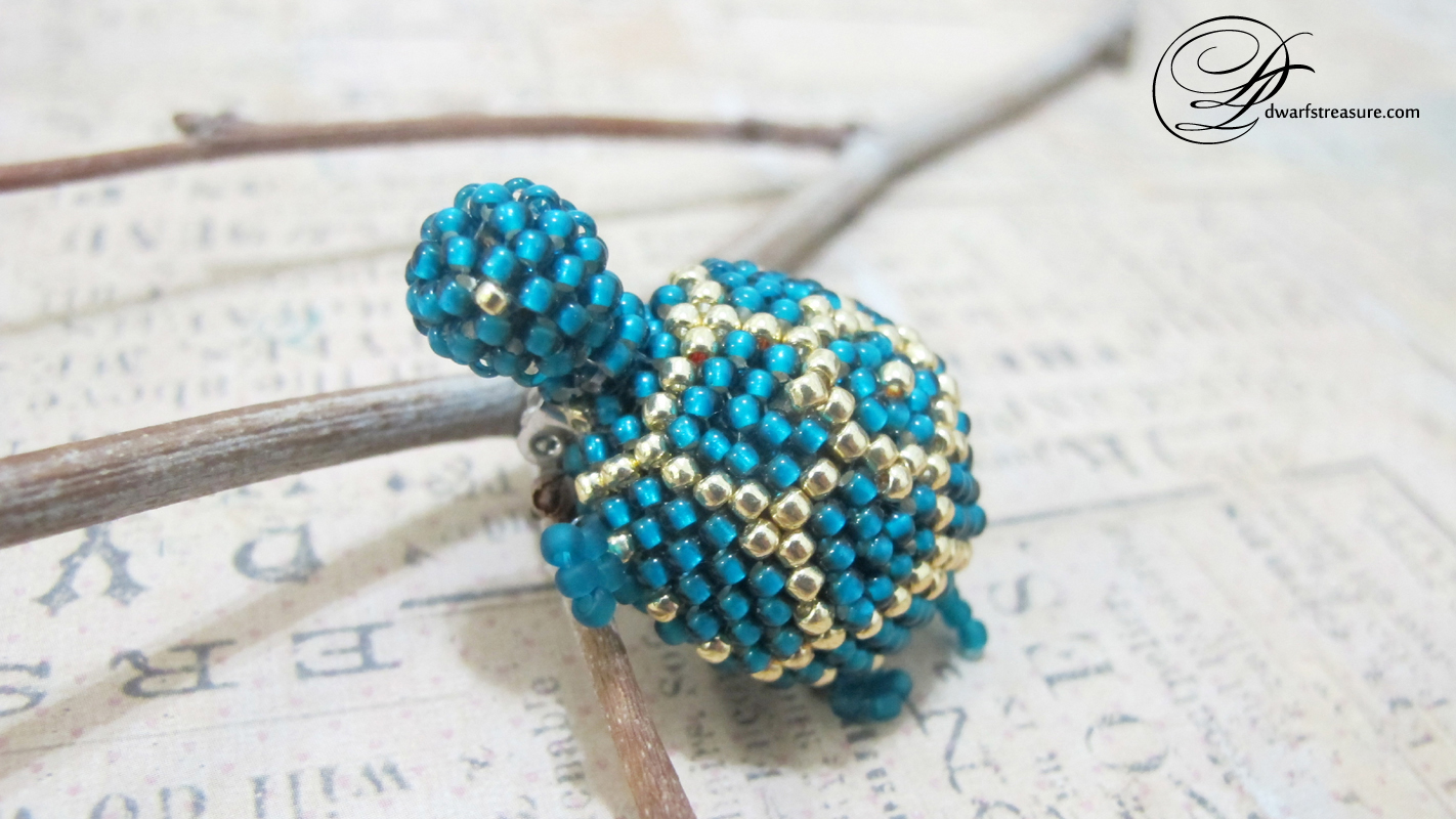 Unique beaded teal turtle brooch