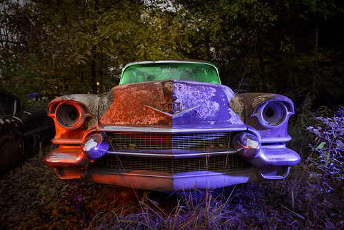 http://www.notleyhawkins.com/, Notley Hawkins Photography, Light Painting, car, auto, boneyard, abandoned, trees, Fall, outdoors, 2017, November, night, nocturne, evening, salvage yard, Junk Yard, cadillac, trees, RGB, Red, Green, Blue, light, grill class=