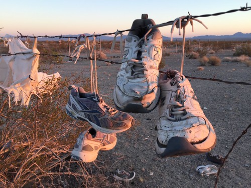roadsideattraction riceca california rice shoe shoefence shoes sneakers art sculpture travel roadside garbage trash sunset shoetree shoeart