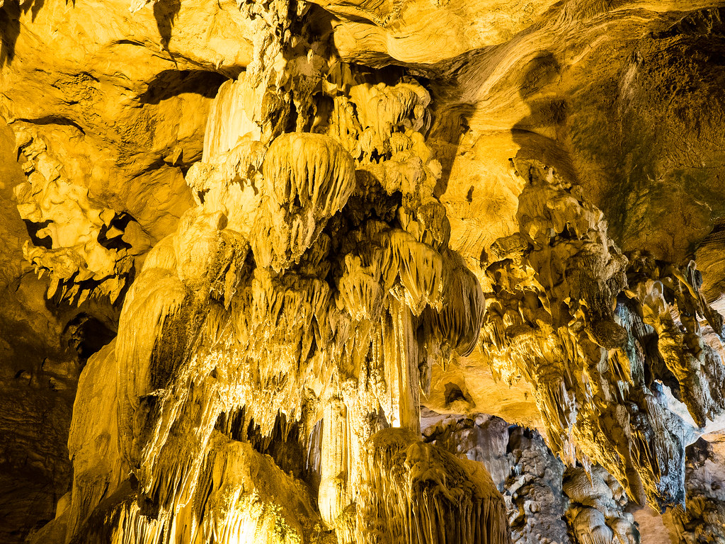 The formation of stalactite in the cave temple's ceiling