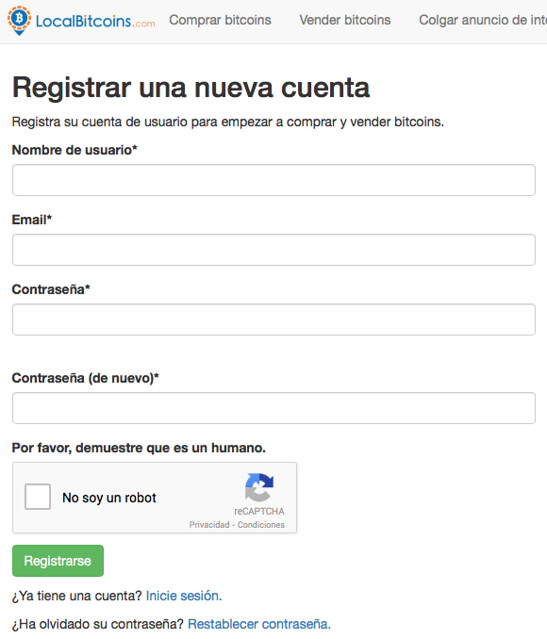 Formulario de registro en LocalBitcoins