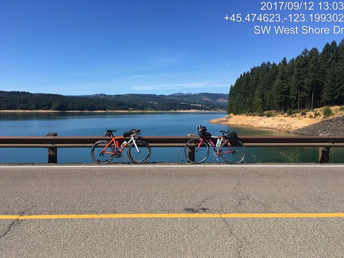 Lynne and Susan's bikes at the Hagg Lake dam, verification of distance makeup.