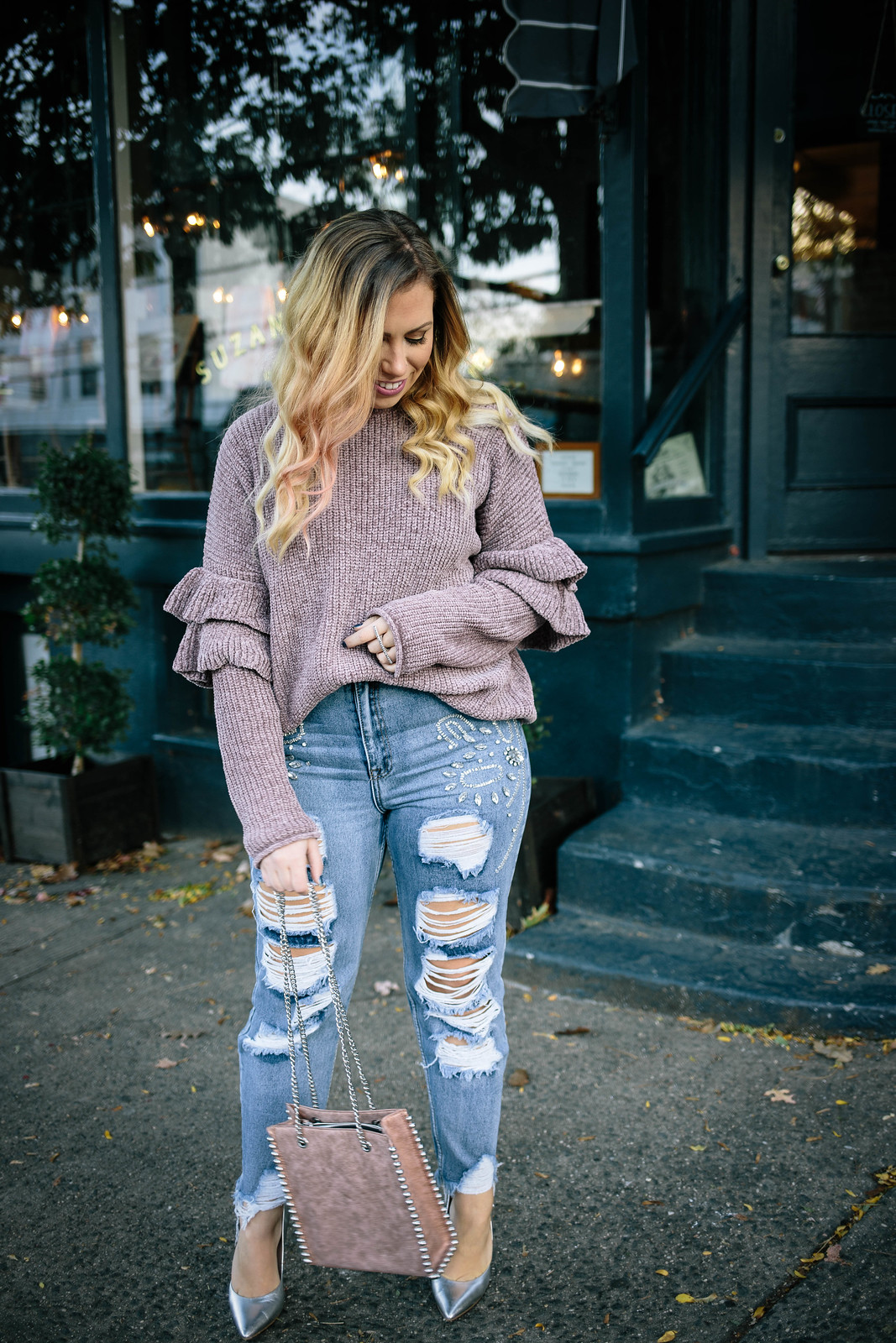 ASOS Glamorous Boyfriend Jeans With Distressing And Gem Embellishment