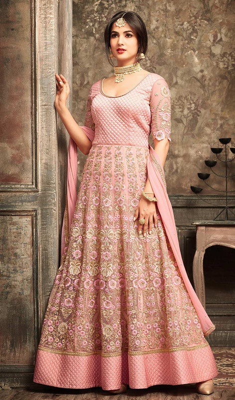 Peach Color Embroidered Net Long Anarkali Suit