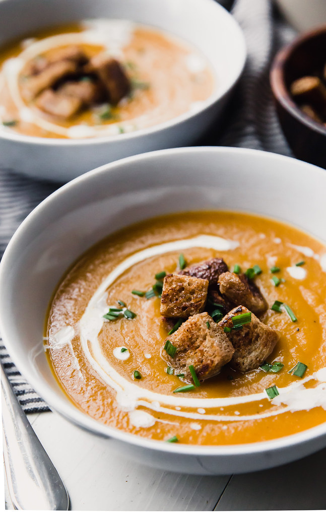 Sweet Potato and Roasted Apple Soup with Maple Croutons