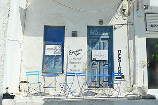 Mykonos - Old town blue doors chairs