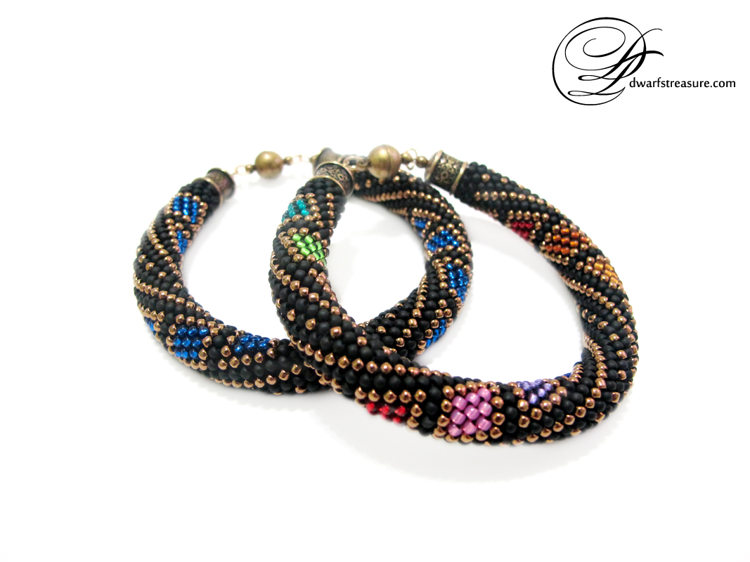 two amazing black seed bead bangle bracelets with pattern