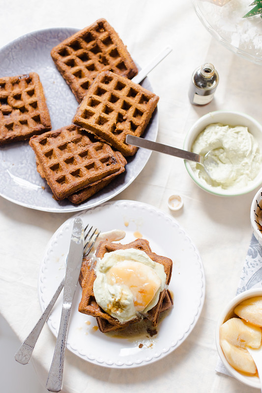 Gingerbread Waffles with Cinnamon Baked Pears