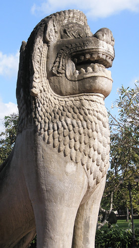 A lion sculpture at a temple in Cambodia