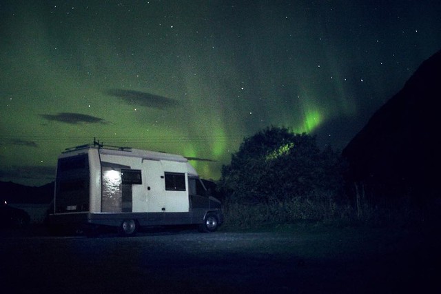 This was the van we traveled with. It feels so cozy to go inside and be surrounded by Northern Lights. Shot during the same night as the one at the beach. #LookingForAurora #Norway #Roadtrip #Lofoten #NorthernLights #VanLife #ig_auroraborealis #ig_norther