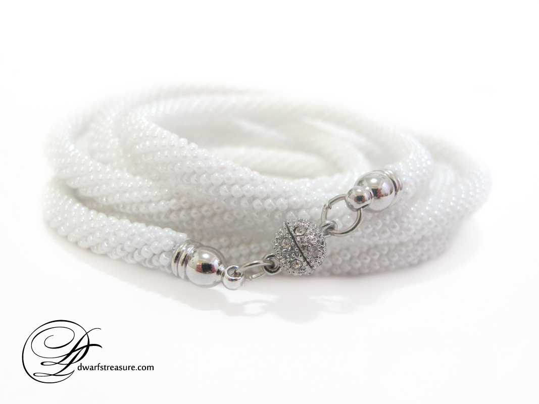 White beaded crochet long necklace