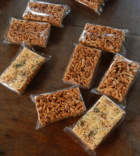 The rice strips converted to sweet snacks and packaged at the snack factory on the Mekong River in Vietnam