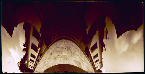 pinhole anamorph anamorphic obscura stenope lochkamera analog analogue box filmbox 35mm 4x8 paper film orthochromatic ortho photocopy distortion wide wideangle lowangle flexible bend color colour architecture house building manor sky clouds ground stair town village gelgaudiškis šakiai lithuania lietuva