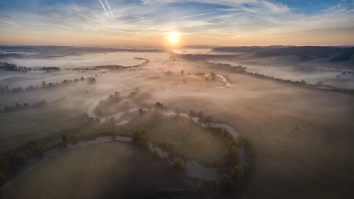 dji mavic pro panorama aerial shot sunrise river czech republic fog calm