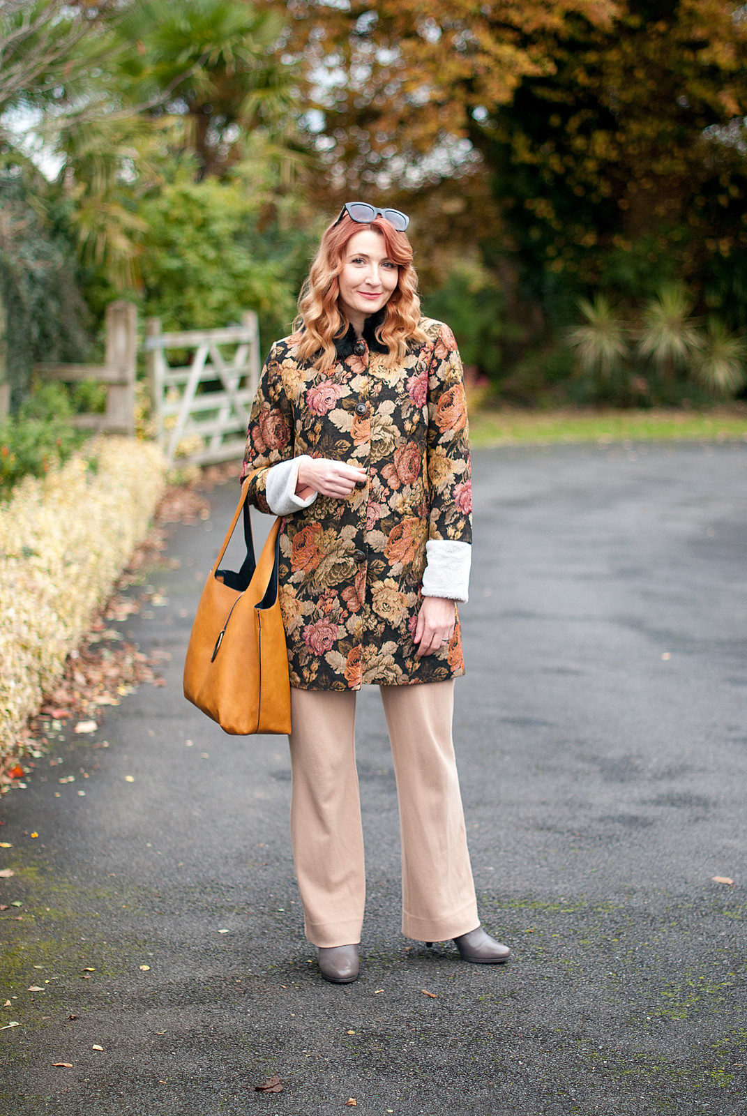 Autumn dressing, fall outfits, winter florals: Floral tapestry coat with fur collar, wide leg camel trousers, grey ankle boots | Not Dressed As Lamb, over 40 fashion