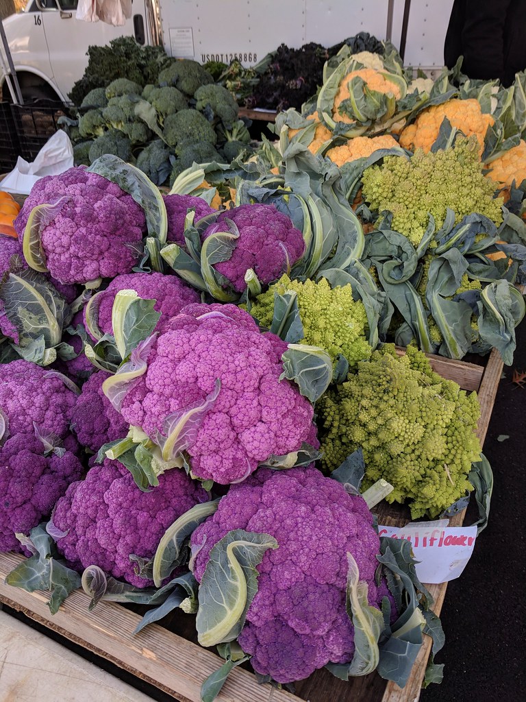 Cauliflower, romesco, and broccoli at the farmer's market