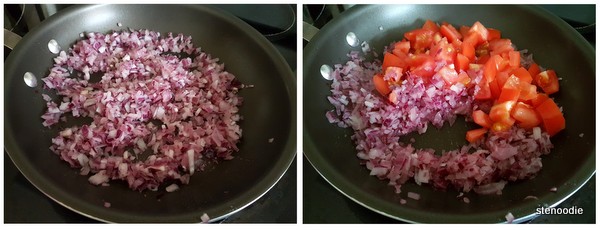 red onion and tomatoes in pan