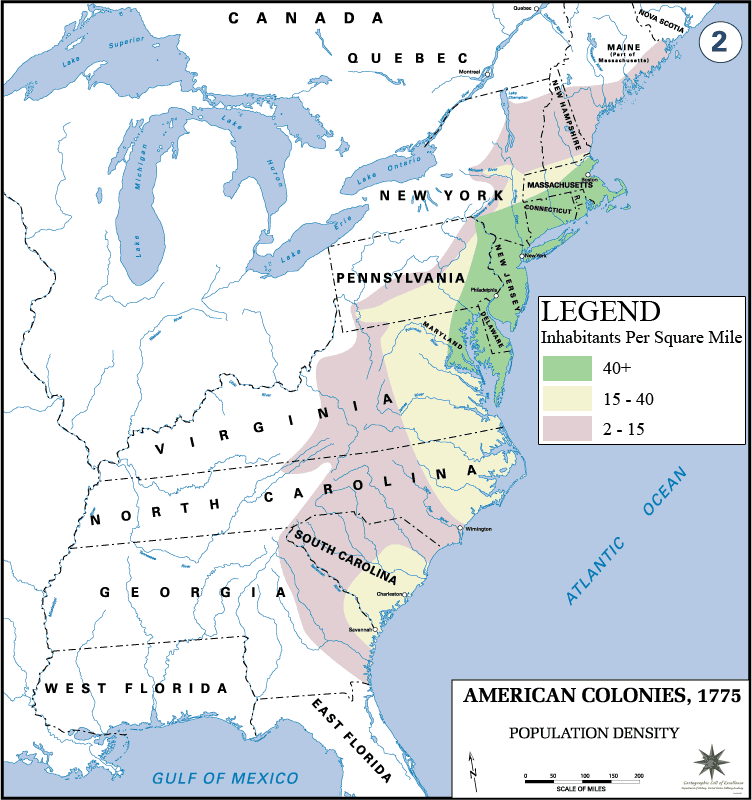 Population density in the American Colonies, 1775