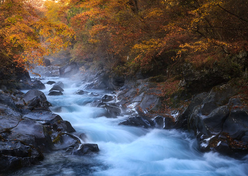 fall river morning foggy dreamy landscape japan nikko abyss