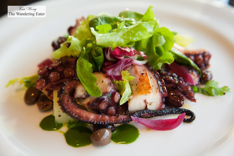 Grilled octopus, Taggiasca black olives, potato and .red onion from Tropea