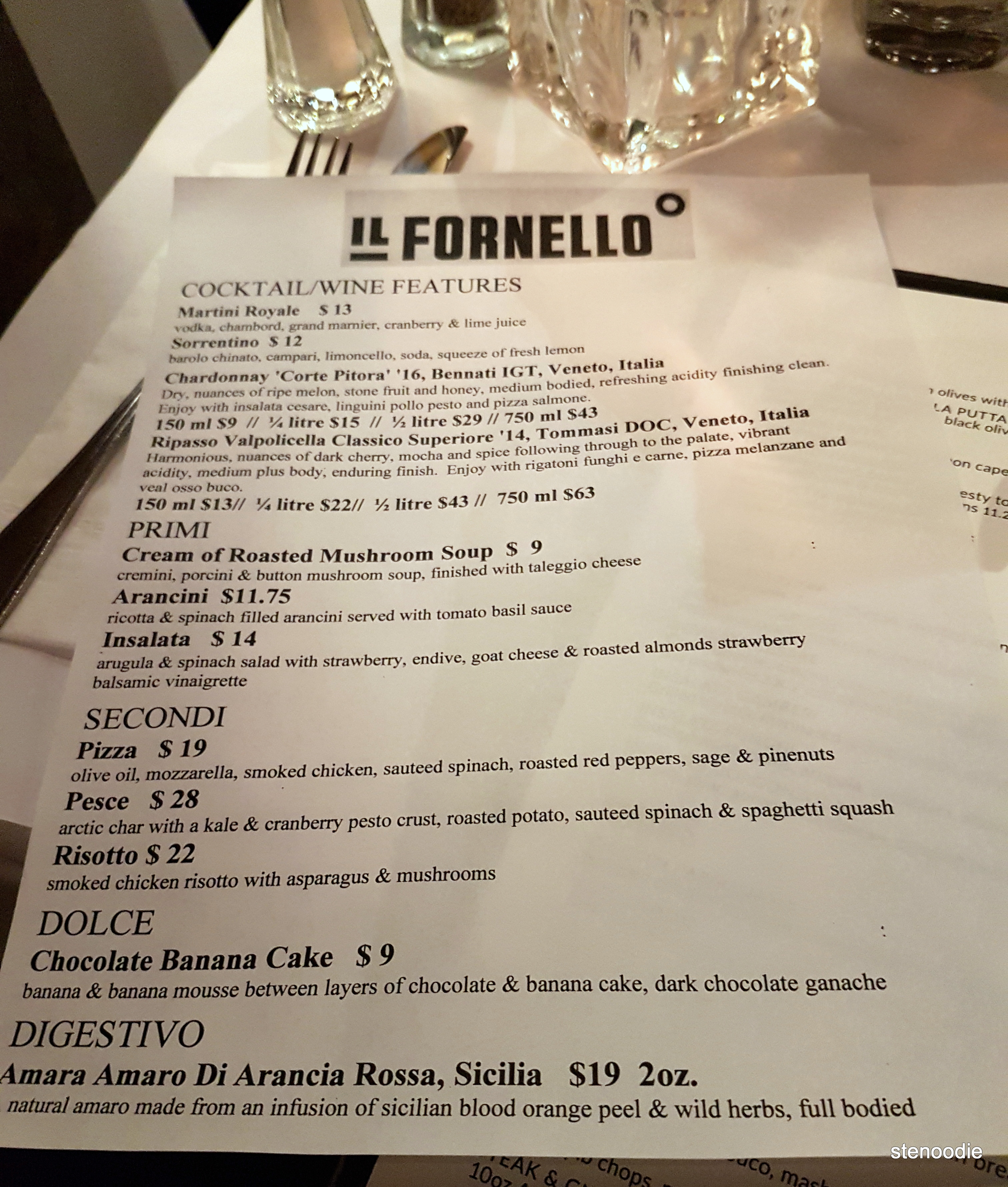 Il Fornello dinner menu and prices
