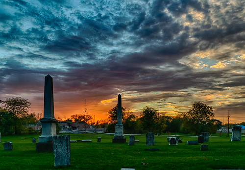 cemetery goshen hdr indiana nikon nikond5300 oakridgecemetery clouds color evening geotagged grass graveyard orange sky sunset tombstone tree trees unitedstates