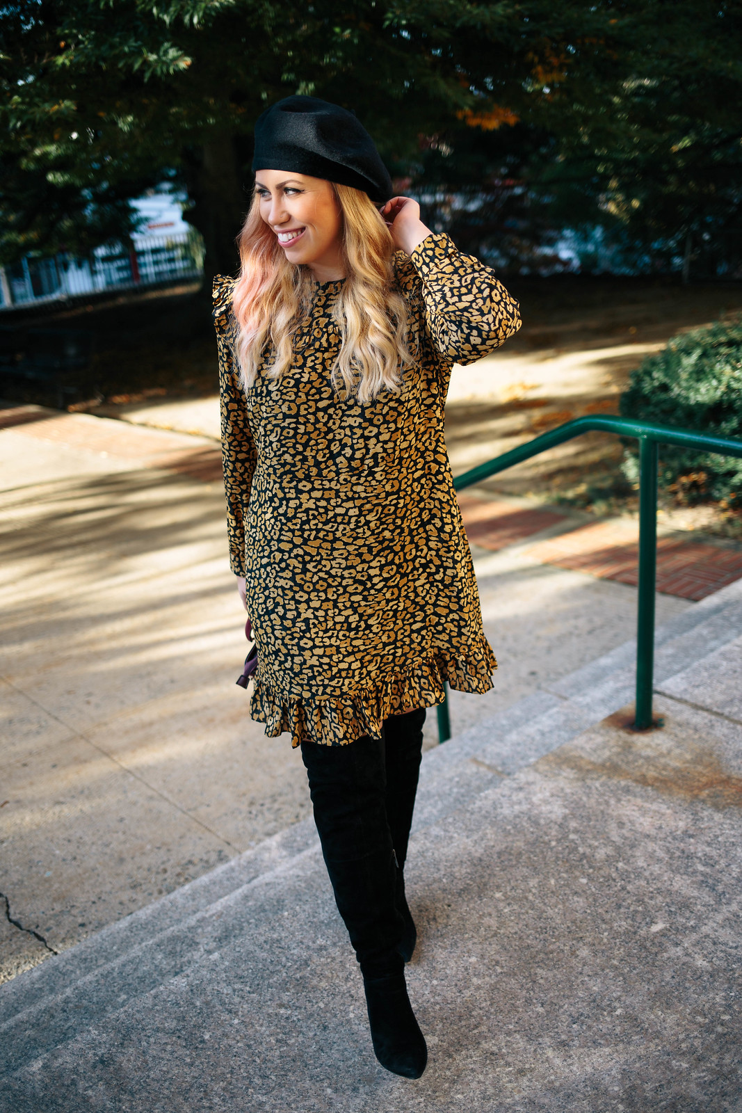 Jackie Giardina blogger wearing Fall Fashion Cheetah Dress and Black Suede Over the Knee Boots