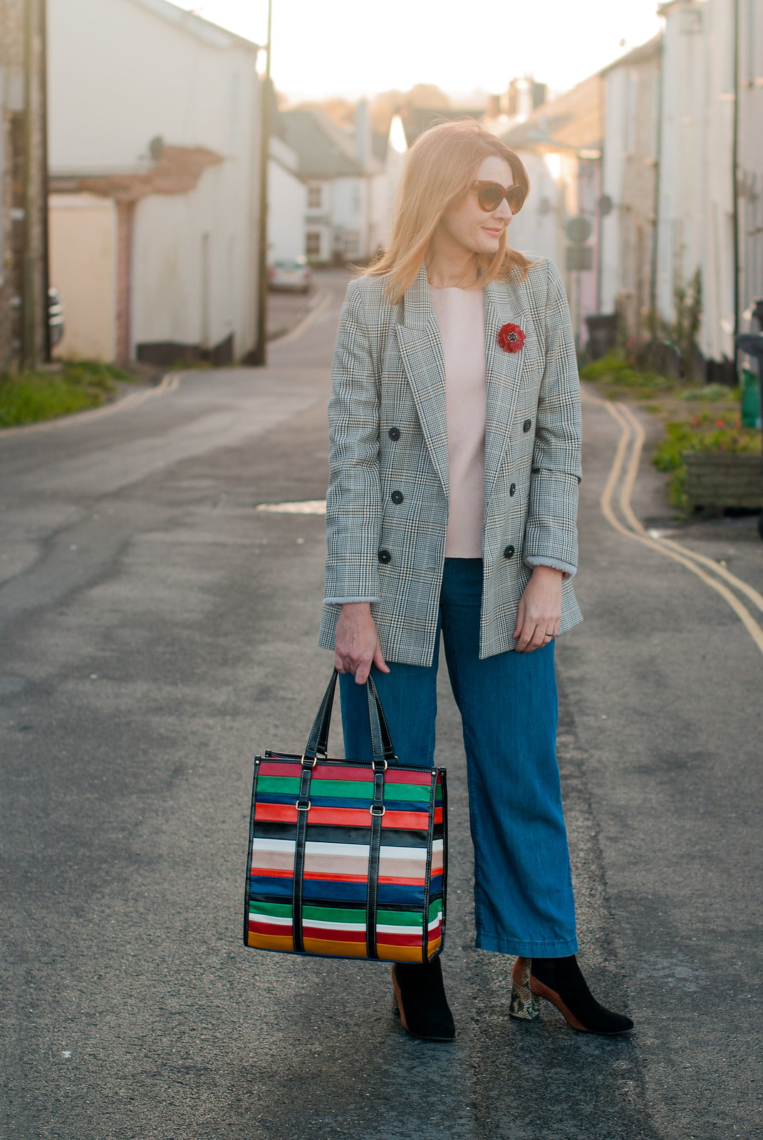 The Prince of Wales check blazer trend, AW17: A Glen plaid blazer jacket styled with wide leg jeans, black ankle boots and a stripe Mango shopper bag | Not Dressed As Lamb, fashion for over 40 women