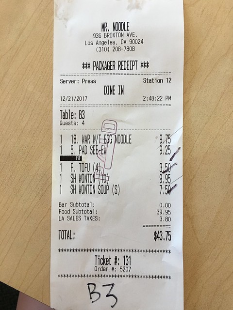 Mr. Noodle,  restaurant receipt