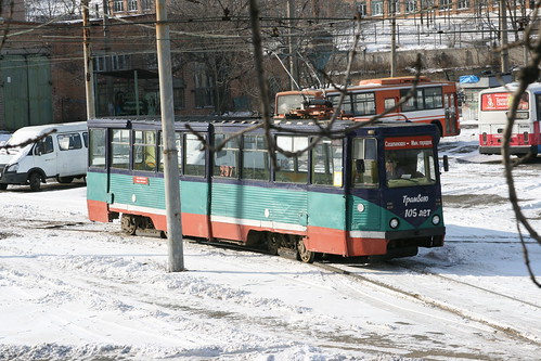 Vladivostok tram КТМ-5М3 series(297) between Shkolnaya.Sta and Klubnaya.Sta,  Vladivostok, Primorsky Krai, Russia /Jan 3, 2018