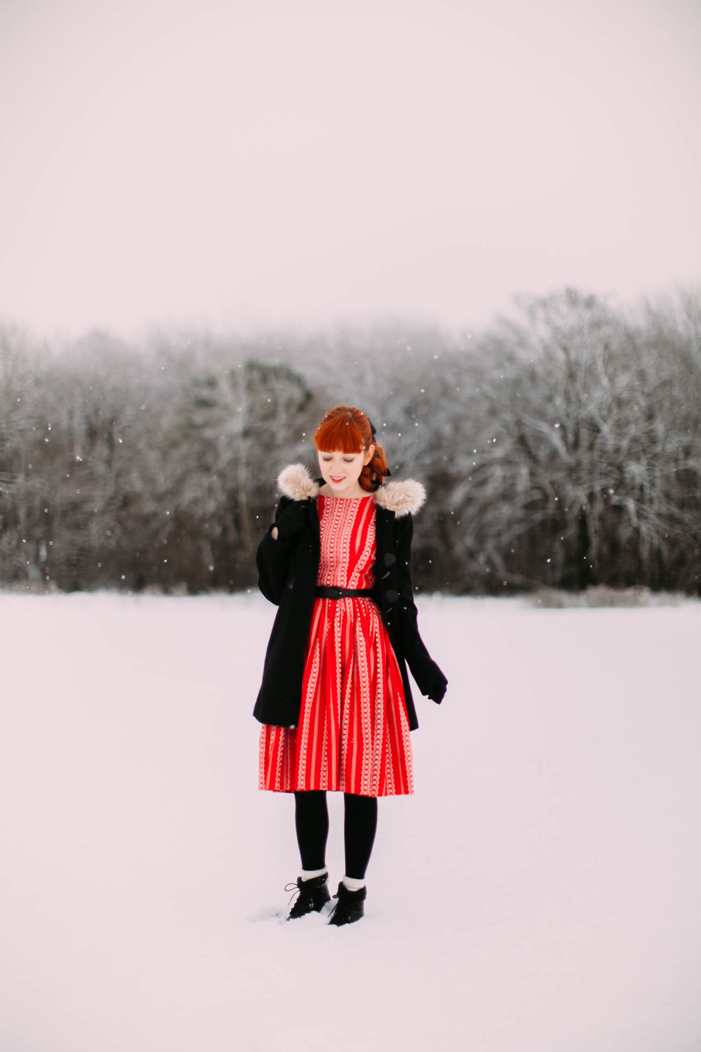 aclotheshorse snow red vintage dress happy holidays