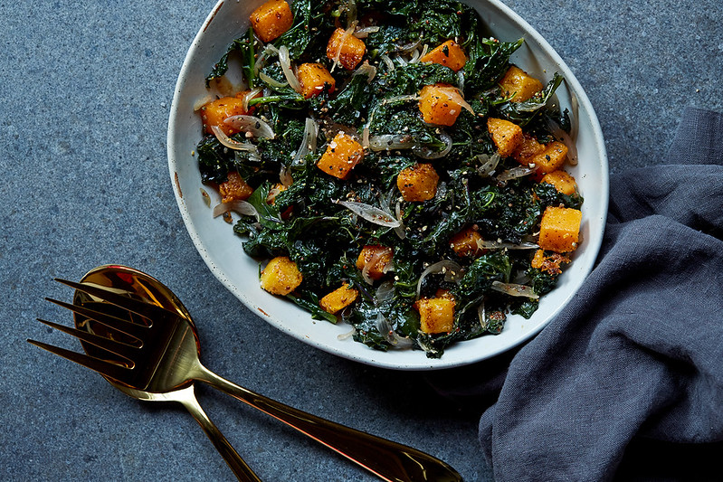 Wilted Kale Salad with Warm Mustard Shallot Vinaigrette and Spicy Butternut Squash