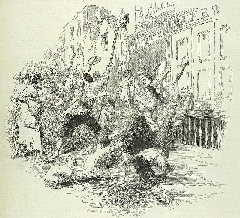 Food riot in Dungarvan, Ireland, during the famine Great Famine in Ireland, from The Pictorial Times