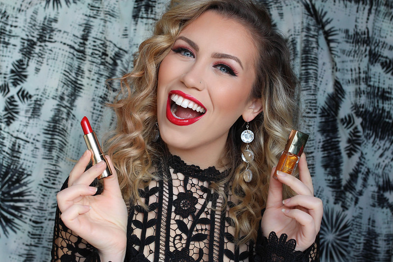 Holiday Festive Makeup Red Glossy Lipstick Cat Eye Makeup Curly Blonde Hair