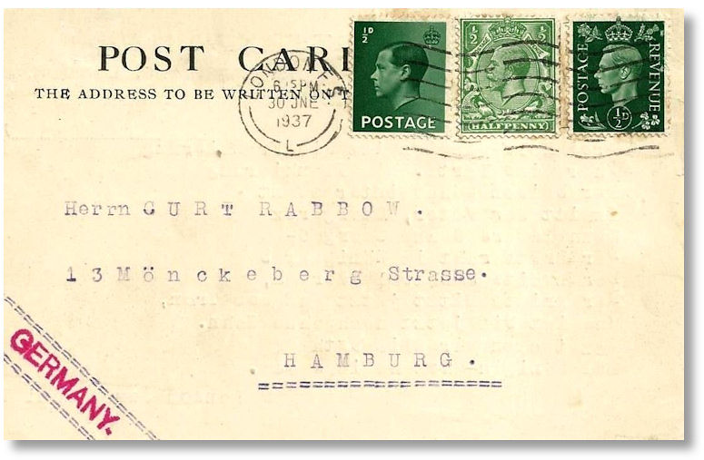 Postcard mailed to Germany on June 30, 1937, bearing British stamps of the three recent kings.