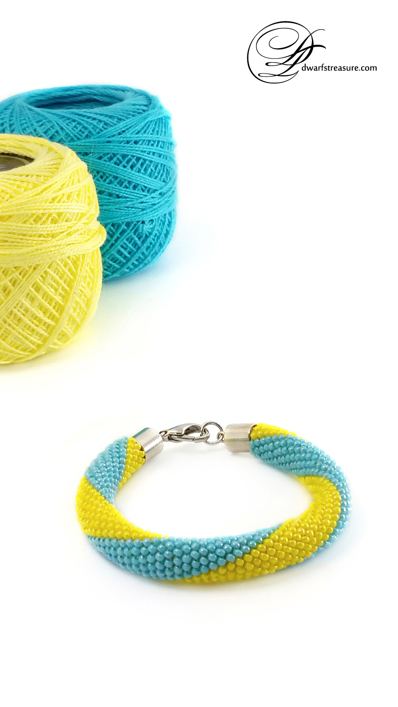 Graceful blue and yellow glass bead crochet bracelet