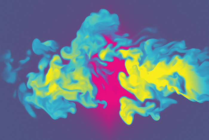 A color-coded depiction of fluids mixing. Blue and yellow-green colors mix together against a pink and purple background.