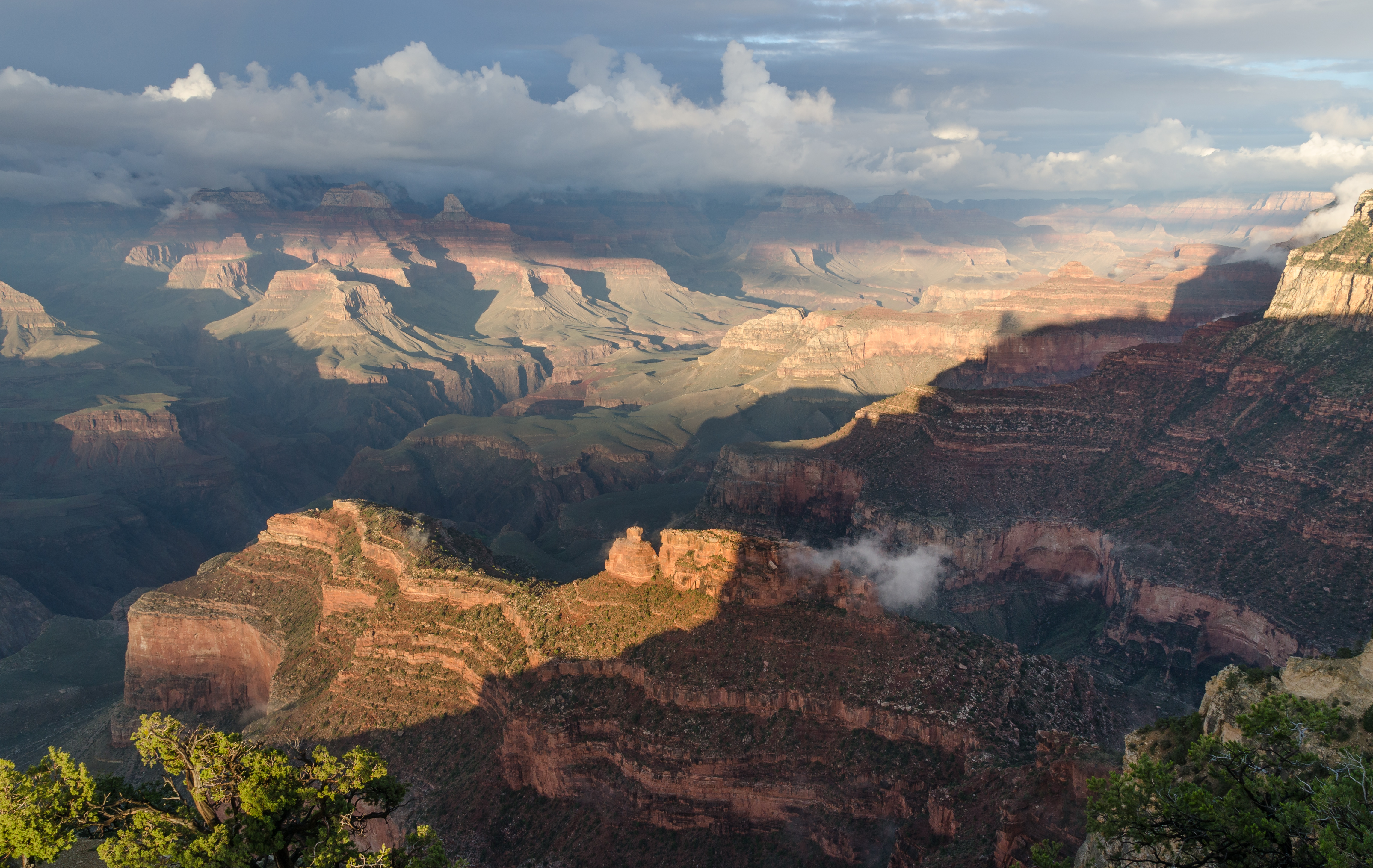 Grand Canyon South Rim photographed from Powell Point with warm evening light at 18:11 on September 8, 2013.