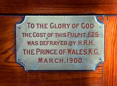 the cost of this pulpit £25 was defrayed by HRH the Prince of Wales