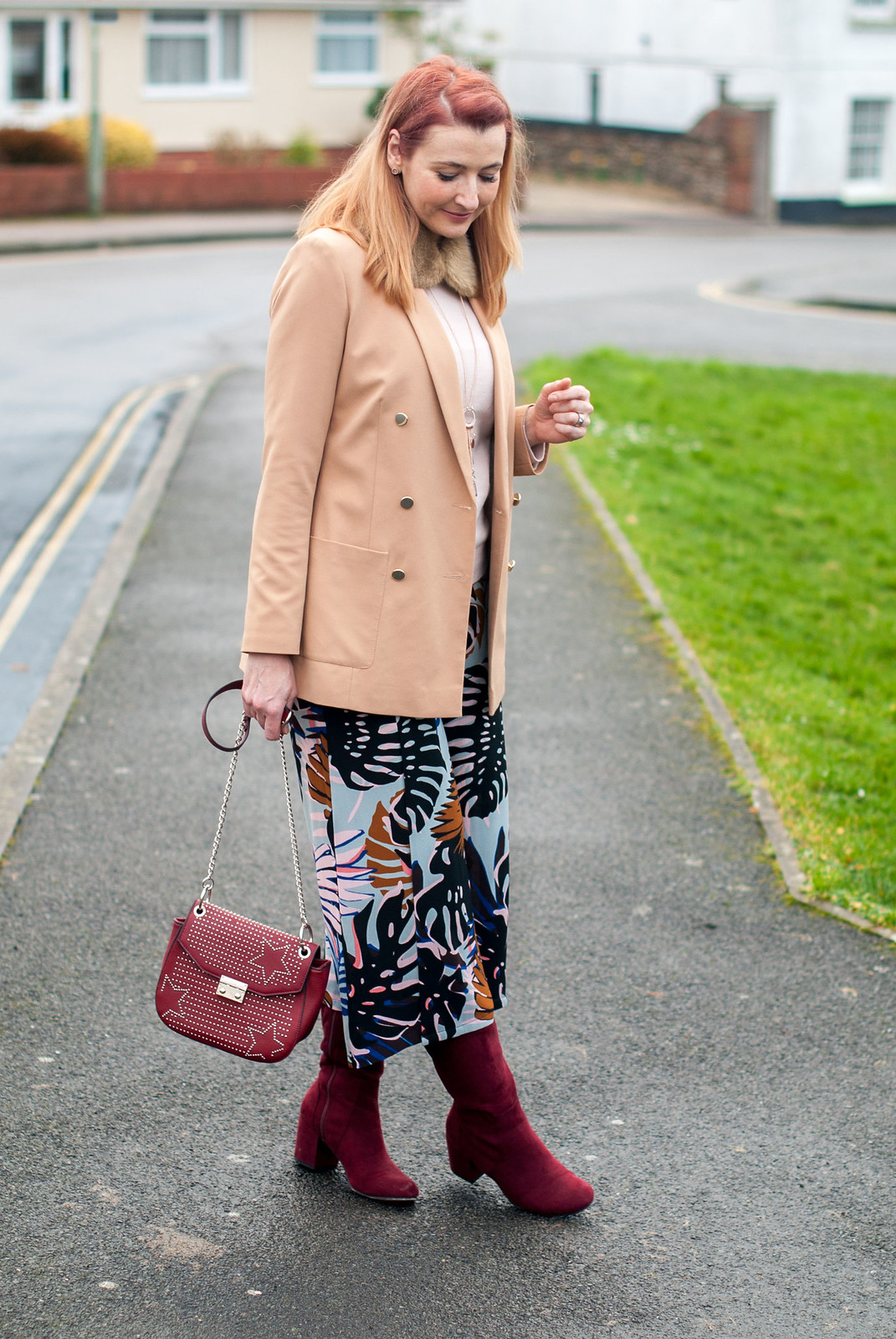 Styling Summer Pants in Winter: camel blazer, floral wide leg culottes, pink cashmere sweater, burgundy red suede boots | Not Dressed As Lamb, over 40 style