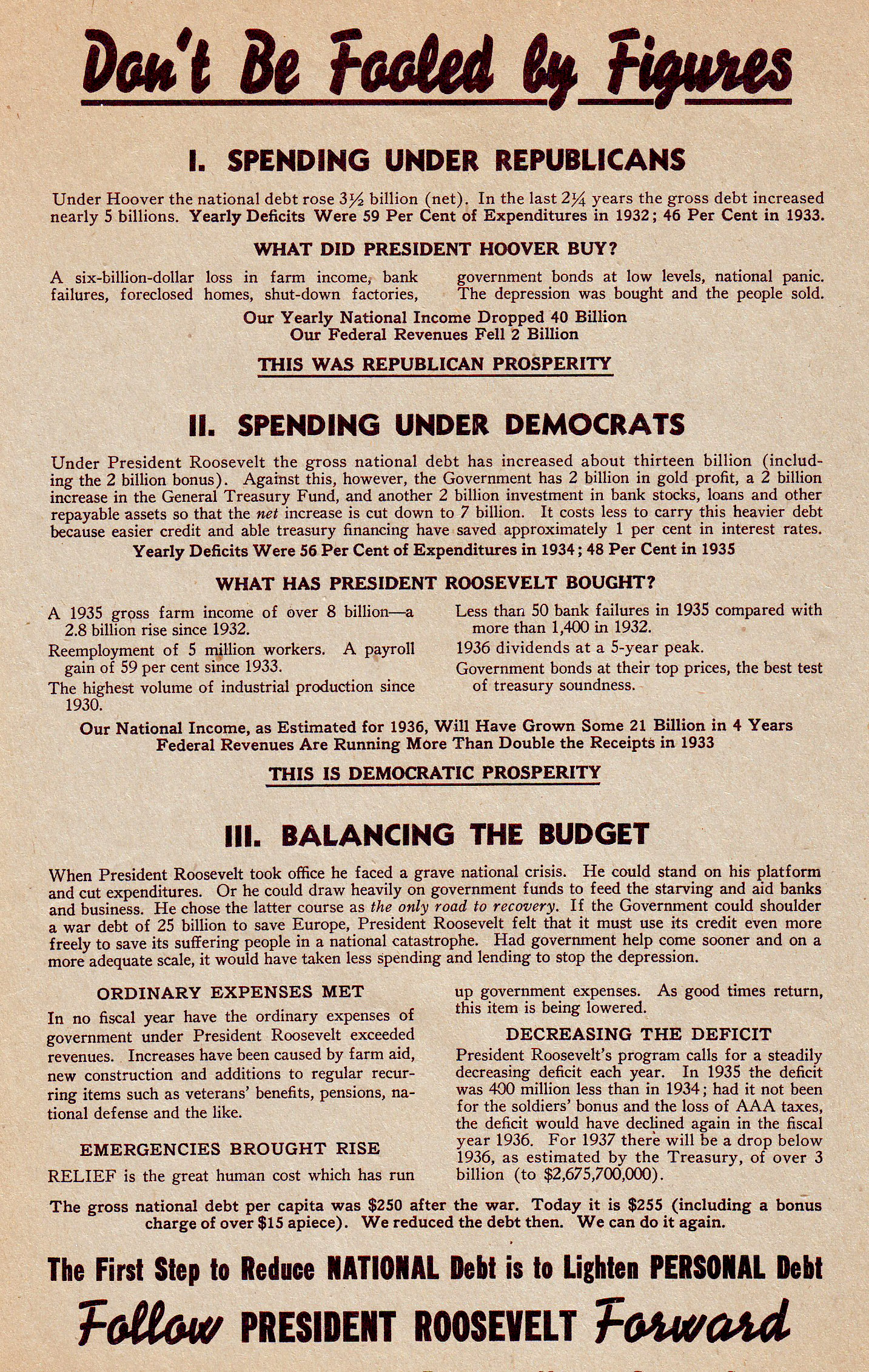 1936 re-election handbill for Roosevelt promoting his economic policy
