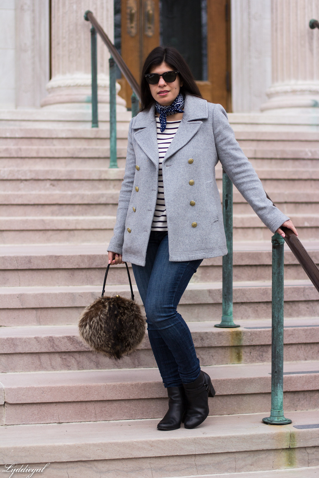 grey pea coat, striped tee, neck scarf, vintage fur bag-24.jpg