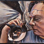 Self portrait with cat (version 2); acrylic on paper, 22 x 30 in, 2017