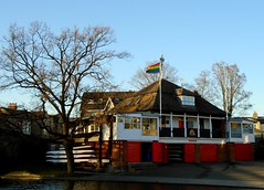 Pride flag over the Lady Margaret Boat Club