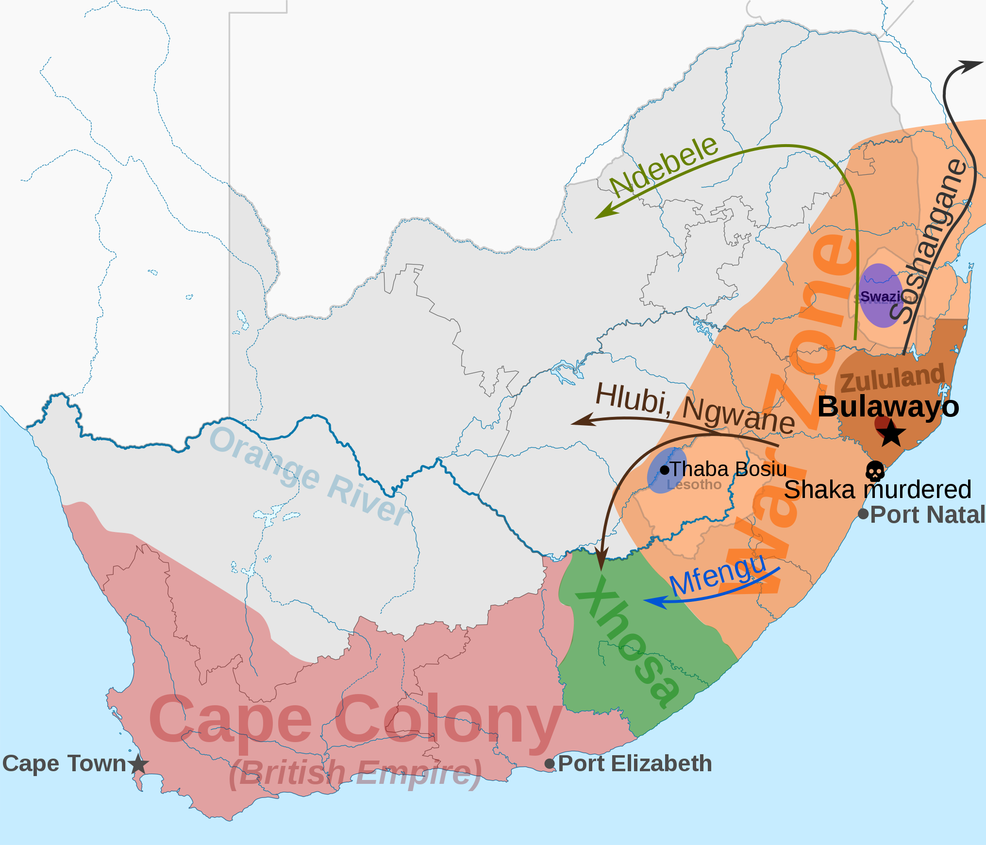 War movements in the Zulu Empire of Shaka, early 19th century.