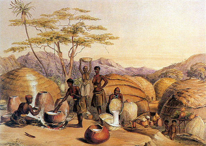Illustration by George F. Angas of a Zulu village. Zulu women are shown brewing beer. They also made the earthenware which they are using. Originally appeared in Angas' The Kafirs Illustrated, 1849.