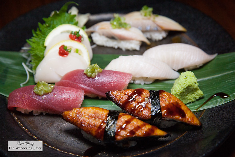 Nigiri sushi - Unagi Fresh Water Eel, Big Eye Tuna with Kisame Wasab, Yellowtail, Aji Spanish Mackerel and Scallop sashimi