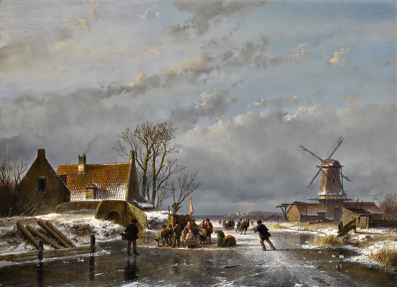 Andreas Schelfhout - Winter landscape with skaters and a koek-en-zopie