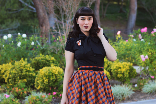 Heart of Haute Estelle Top in Black Retrolicious Madison Skirt in Orange Plaid